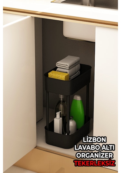 Lizbon Çok Amaçlı 2 Katlı Banyo Organizer Düzenleyici Dolap Içi Tezgah Altı Tekerleksiz Organizer Siyah