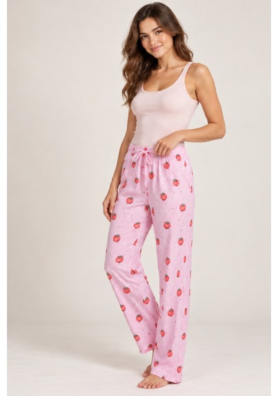 Womanandkids Night Pembe Kadın Çizgili Bluz Desenli Askılı Pijama Takımı
