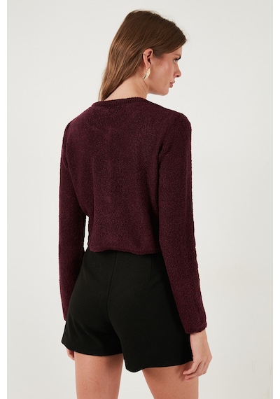 Lela Regular Fit Bisiklet Yaka Kurdele Detaylı Premium Bayan Hırka 680Hi00105 Bordo