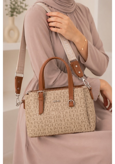 Just Polo Kadın Orta Boy Premium Deri Ayarlanabilir Askılı 3 Bölmeli Şık El & Omuz Çantası Shoulder Bag Kum - Taba