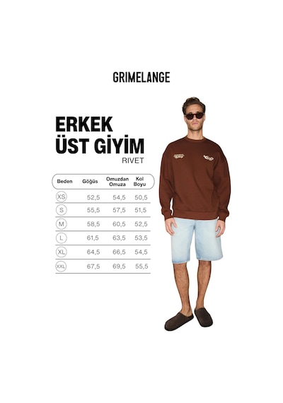 Grımelange Rıvet Erkek Organik Pamuklu İçi Polarlı Baskılı Bisiklet Yaka Regular Kahverengi Sweatshi Kahverengi