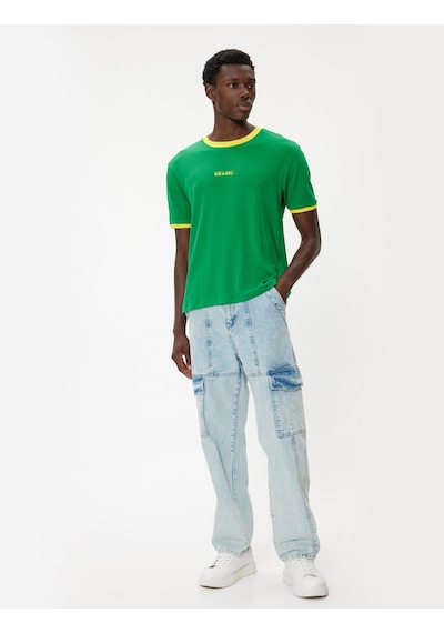 Koton Slim Fit Tişört Slogan Baskılı Kısa Kollu Bisiklet Yaka Yeşil 4sam11078hk Yeşil