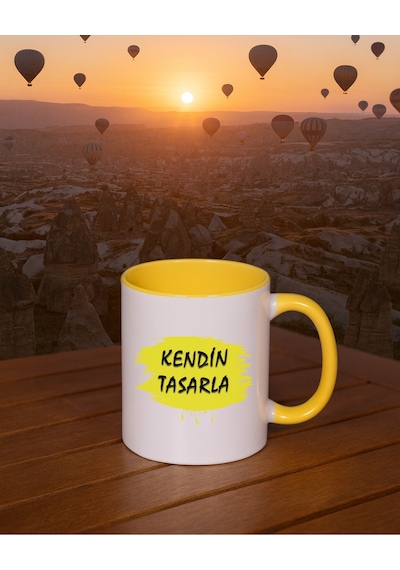 Kendin Tasarla Bardak - Kişiye Özel Bardak Satıya Sor 2 İçi Kulbu Sarı Bardak