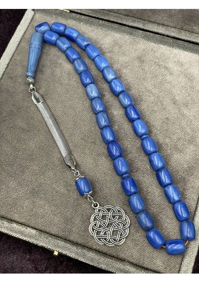 Alpaka Kazak Düğümü Uçlu Mavi Kanayan Baga Katalin Tesbih 10x8 Mm
