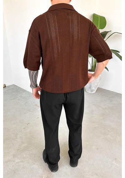 Kahverengi Polo Yaka Relaxed Triko Tişört Kahverengi