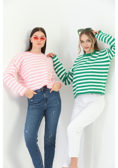 Youknitwear You Angora Çizgili Kazak Pembe
