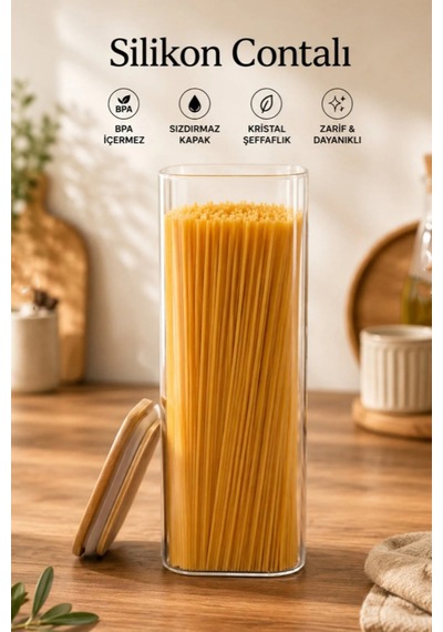 Porsima 7-3 Bambu Vakumlu Kapaklı Kare Borsilikat Cam 3lü Kavanoz Seti Saklama Kabı 1900ml 9,5x27cm Ahşap - Şeffaf