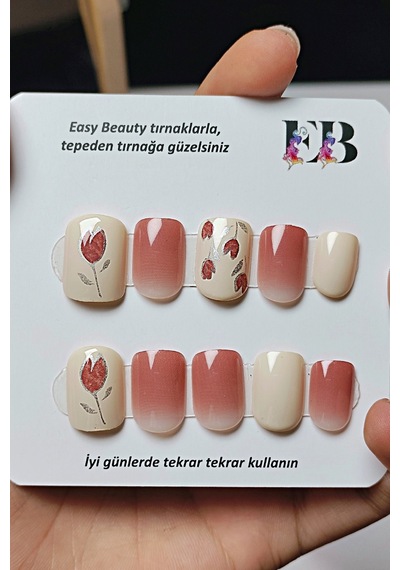 24 Adet Lale Desenli Kısa Takma Tırnak Seti Yapıştırıcı Bant Hediyeli R759 Lale