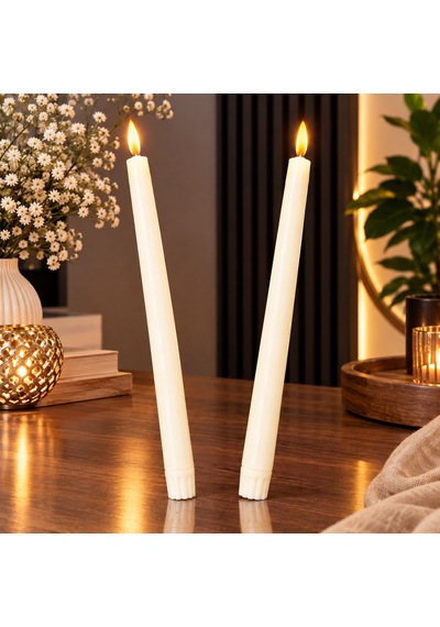 2 Adet Krem Renk Led Işıklı Uzun Şamdan Mumu Gün Işığı Led Işıklı Şamdan Mumu Led Işıklı Mum 27 Cm