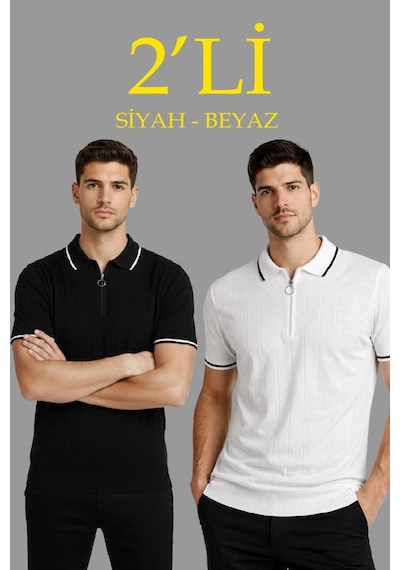 Erkek Triko Tişört Fermuarlı Polo Yaka Yazlık Kısa Kol T-shirt 2 Li Set Beyaz-siyah Çok Renkli