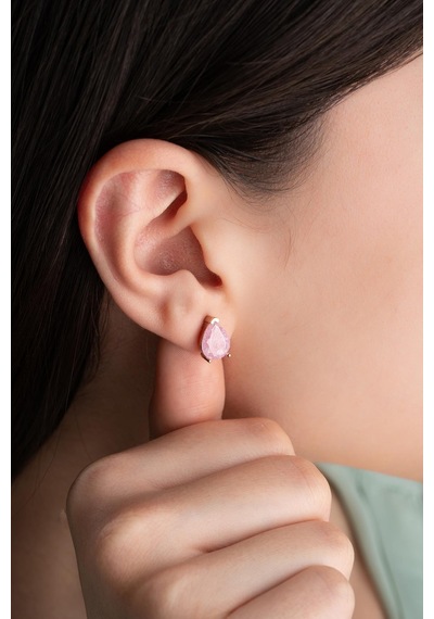 925 Ayar Gümüş Pembe Taşlı Damla Model Küpe Pembe Altın