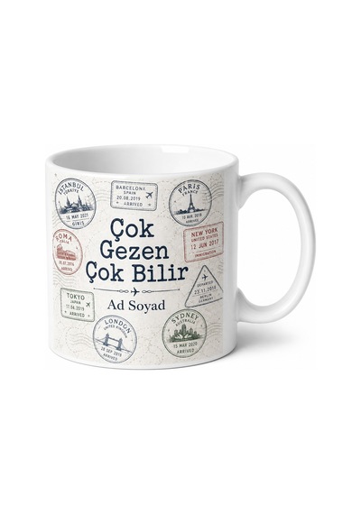 Pasaport Damgaları Desenli Çok Gezen Çok Bilir Gezgin Kupa Bardak Hediye Beyaz / Çok Renkli