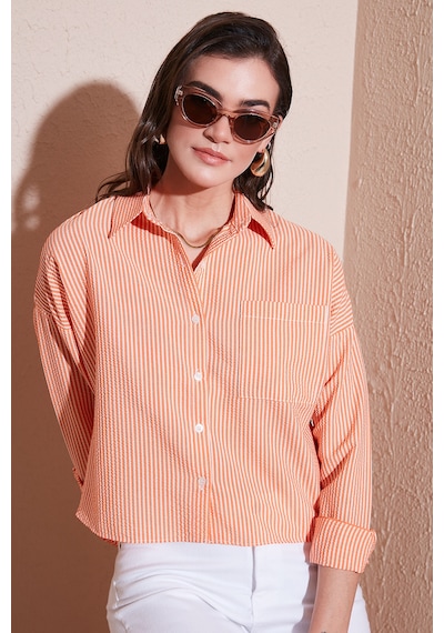 Lela Regular Fit Çizgili Göğüs Cepli Dokulu Bayan Gömlek 6772870 Oranj