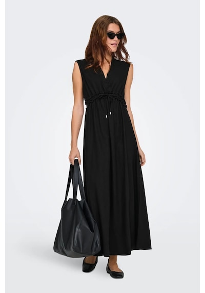 Only Kadın Onlgoa Kruvaze Yaka Beli Lastikli Keten Maxi Elbise 15363694 Siyah