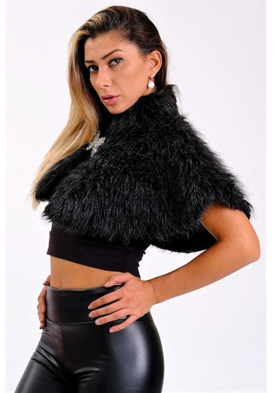 Keyifli Moda Kadın Siyah Broşlu Kürk Etol Bolero
