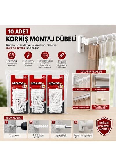 Medalyan Dl-57 Korniş Montaj Dübeli 10 Adet Plastik Çivili - 12'li Paket