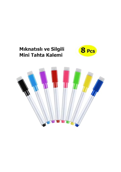 Mıknatıslı Mini Tahta Kalemi, 8 Renk, Yaz-sil, Yazı Tahtası Kalemi, Keçeli Silgili Kalem 001 Siyah