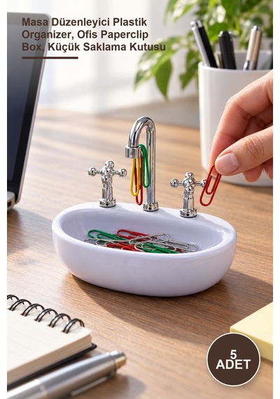 5 Adet Lavabo Şeklinde Ataç Kutusu Masa Düzenleyici Plastik Organizer, Ofis Paperclip Box, Küçük Saklama Kutusu