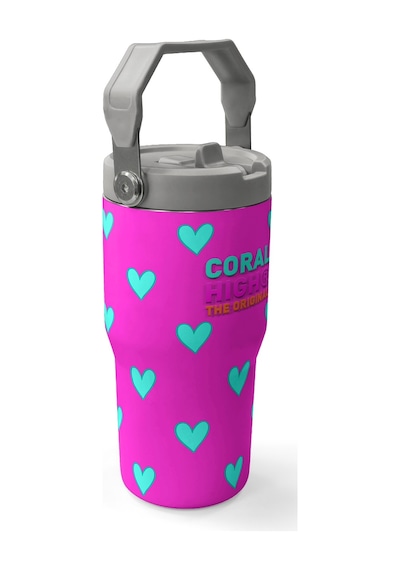 Coral High Neon Pembe Su Yeşili Kalp Desenli Katlanır Ağızlıklı Çelik Termos 600 Ml 38908 Pembe