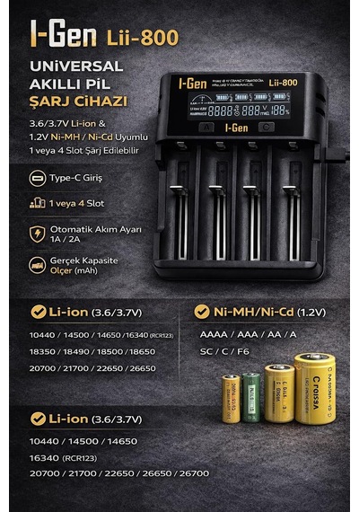 Batteries Lii-800 Akıllı Li-ion Pil Şarj Cihazı, Type-c Girişli, Lcd Ekranlı, 4 Slot Şarj, Li-i