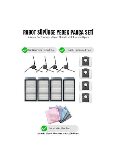 Dreame Matrix 10 Ultra İle Uyumlu 4 Yan Fırça 4 Filtre 4 Toz Torbası 1 Temizlik Bezi 14.0