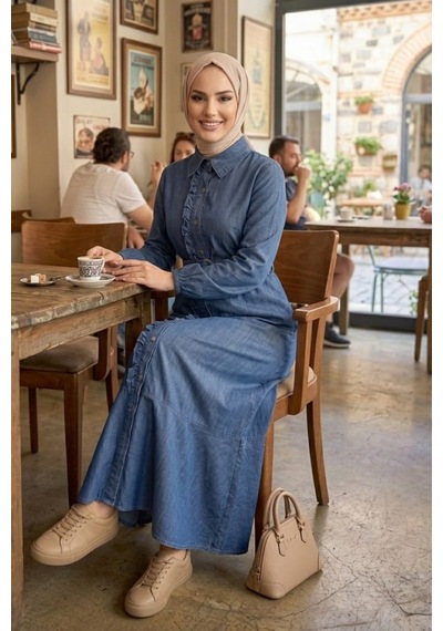 Hb Harma Time Butik Kadın Fırfır Detaylı Düğmeli Kuşaklı Kot Mavi Elbise Mavi Mavi