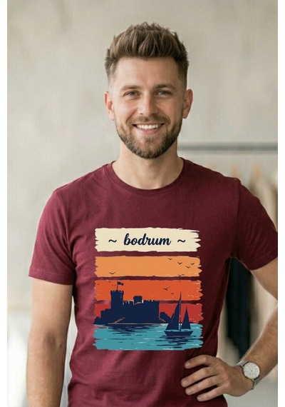 Baranışık Bodrum Kalesi Ve Yelkenli Retro Baskılı Unisex Beyaz Tişört Bordo