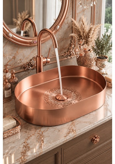 Alfas Aura Oval 60 Cm Pvd Rose Gold Tezgah Üstü Çanak Lavabo 304 Paslanmaz Çelik 2.0mm