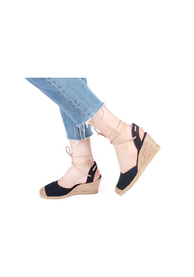 Star Tombis Gerçek Elişi Bilekten Bağcıklı Topuğu Açık Dolgu Topuk Keten Hasır Kadın Espadril Handmade Siyah