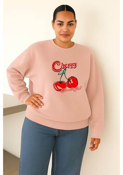 Benroma 3 İplik Penye Cherry Kiraz Baskılı Büyük Beden Unisex Sweatshırt Pembe
