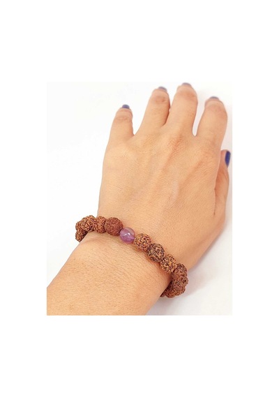 Ametist Taşlı Rudraksha Tohum Unisex Bileklik 8mm
