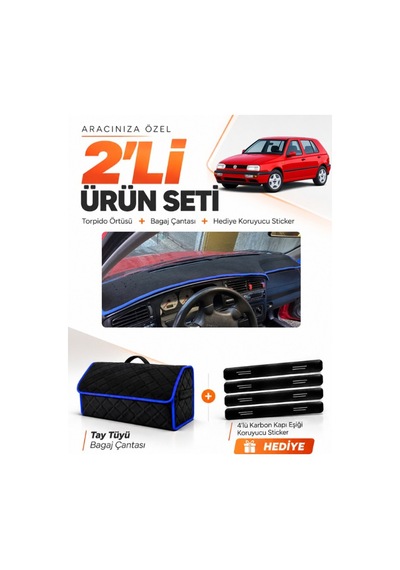 E-biz Volkswagen Golf 3 1991-1997 Uyumlu Torpido Örtüsü + Tay Tüyü Çanta - Siyah-mavi - Vw008