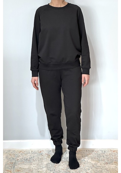 Kadın Sweatshirt Paçası Lastikli Eşofman Takımı 8006 Siyah Siyah
