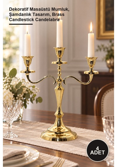 4 Adet Pirinç 3'lü Şamdan Dekoratif Masaüstü Mumluk, Şamdanlık Tasarım, Brass Candlestick Candelabra Sarı
