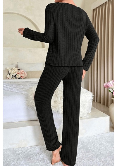 Moda Dua Kadın Siyah Uzun Kollu Fiyonklu Yuvarlak Yaka Mevsimlik Pijama Takımı
