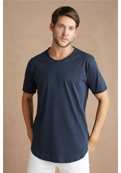 Cool Tarz Lacivert Erkek Oval Kesim Slim Fit Pis Yaka Salaş T-shirt Lacivert Lacivert