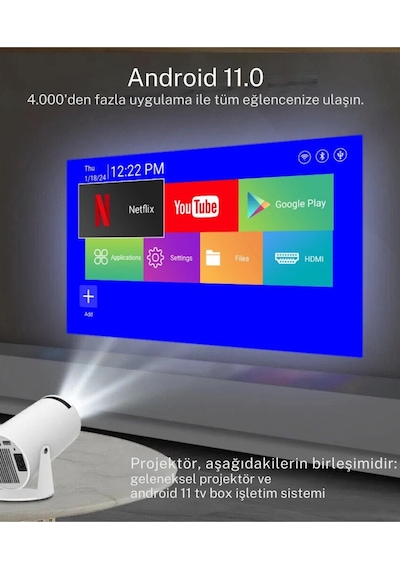 Projeksiyon Cihazı Taşınabilir Sinema Projeksiyon 720p Ev Sineması Bluetooth Android 11 Akıllı Proje
