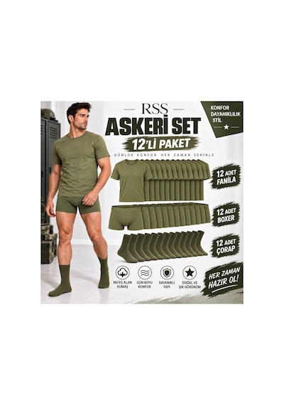Reco Askeri Fanila Boxer Çorap Seti Acemi Bedelli Asker Çamaşırı 12'li Asker Yeşili Asker Yeşili