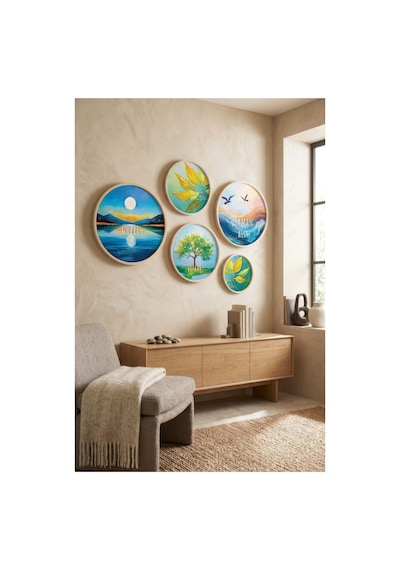 Yuvarlak Ahşap Çerçeveli Renkli Minimalist Sevgi Sözü Tablo Seti