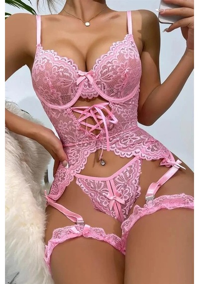 Angbutik Kadın Özel Tasarım Dantelli Pembe Jartiyer Takımı
