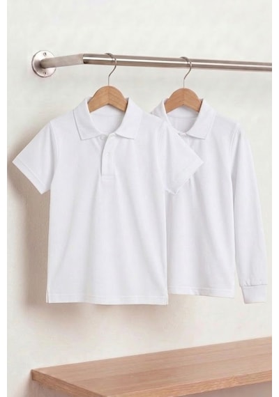 Nacar Store Unisex Çocuk Uzun Ve Kısa Kollu Polo Yaka Okul Tişörtü 2'li Set BEYAZ