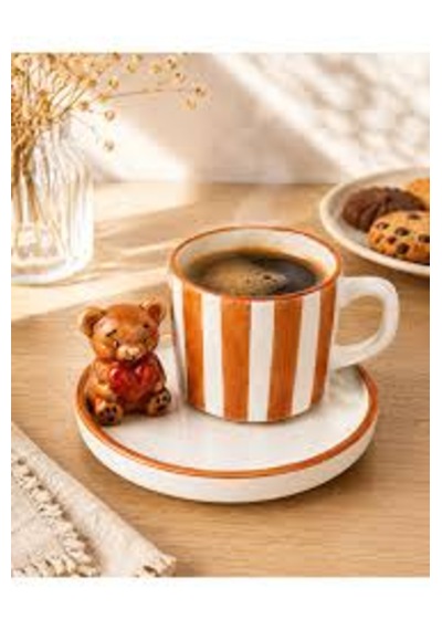 Erd Seramik Ayıcıklı 180 Ml Duble Türk Kahvesi Fincanı Tabaklı Çizgili Espresso Kahve Kupası 1 Adet Açık Kahverengi