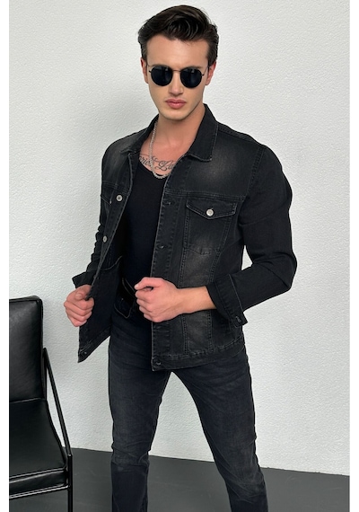 HLT Jeans Erkek Antrasit Jean Denim Standart Kalıp %100 Pamuk Cepli Düğmeli Kot Ceket 001