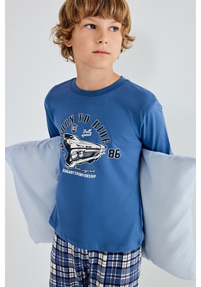 Defacto Regular Fit Baskılı Ve Ekoseli 2li Erkek Çocuk Pijama Takımı H6686a826aube341 Mavi-be341
