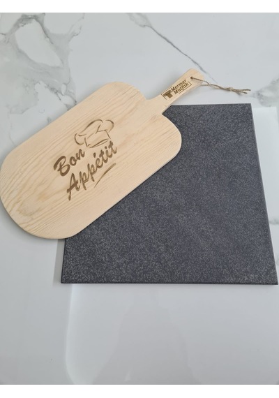 Doğal Bazalt Fırın Pişirme Taşı & Ahşap Fırın Küreği 30X30 + Kürek