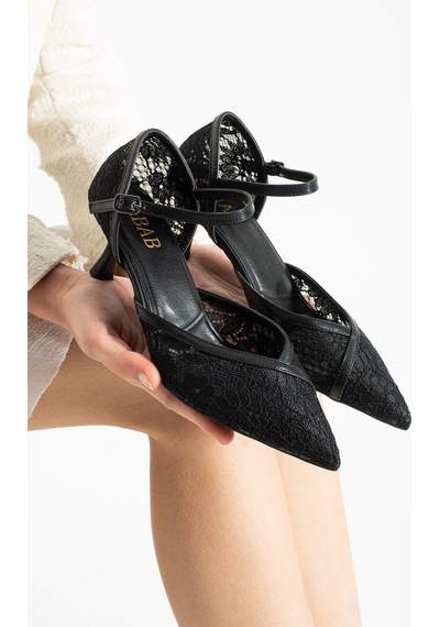 Dabab Shoes Amour Kadın Siyah Sivri Burun 6 Cm Topuklu Dantel Dokulu Bilekten Bantlı Klasik Topuklu Ayakkabı