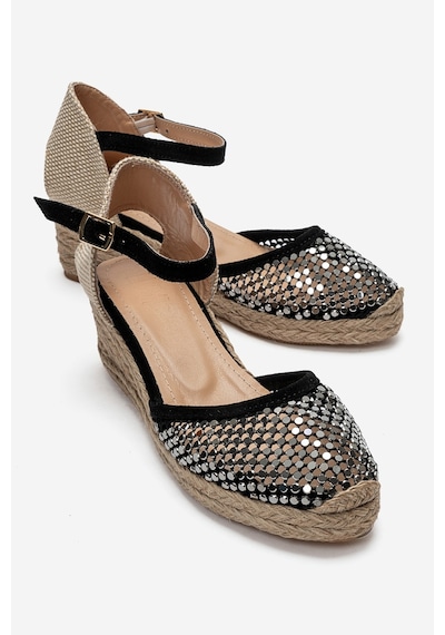 Luvi Shoes Drelıx Siyah Süet Hakiki Deri Taş Detaylı Fileli Kadın Dolgu Topuklu Sandalet
