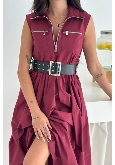 Asprin Fashion Paraşüt Kumaş Kemerli Elbise Bordo Bordo