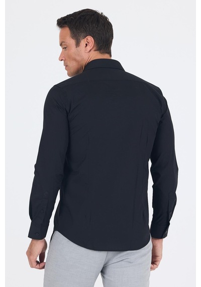 İmza Siyah Uzun Kol Düz Bez Ayağı Sert Yaka Cepsiz Pamuklu Basic Slim Fit Gömlek 1004250057 001 Siyah