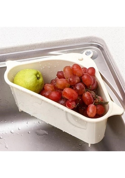Vantuzlu Üçgen Sebze Meyve Lavabo Raf Evye Süzgeç Sünger Tutucu Düzenleyici Mutfak Organize Beyaz